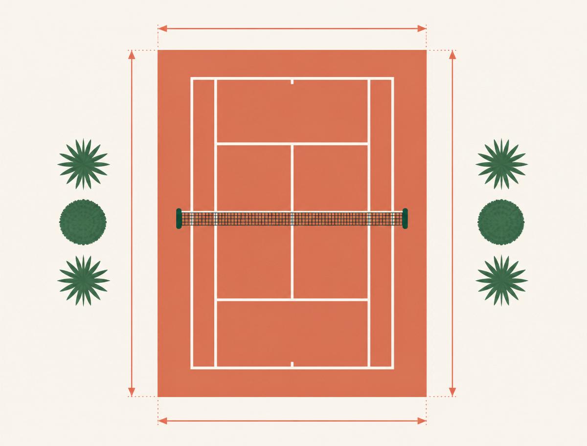 Infographic: top-down clay tennis court with measured white lines