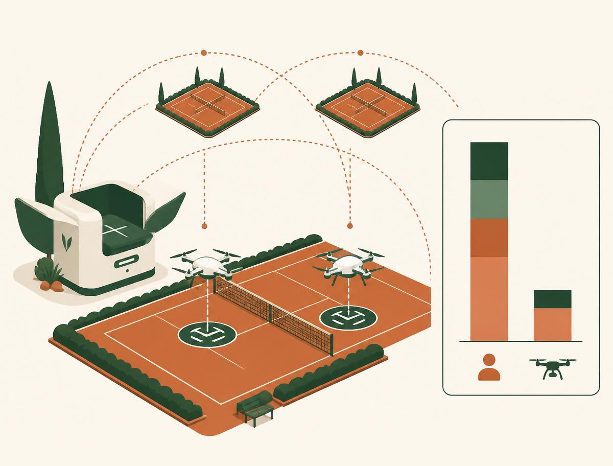 Infographic: docking station beside a clay court with coverage arcs and a cost comparison chart